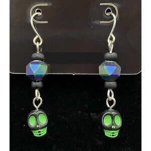 Handmade Neon Green & Black Skull Oil Slick Black Bead Earrings by Neanie-Bot